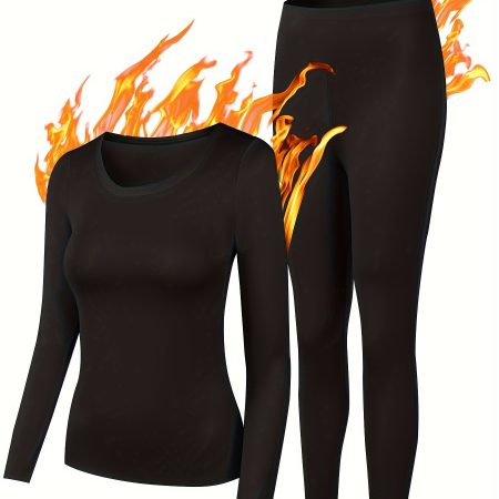 Women's Thermal Underwear Set - 95% Polyester, 5% Elastane Knit Fabric - Solid Color Long Sleeve Top and Leggings for Cold Weather