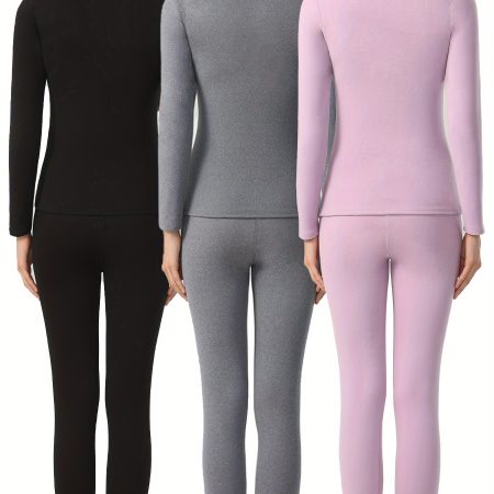 Women's Thermal Underwear 2-pieces Set For Autumn And Winter, Added Fleece, Solid Color, Thickened Long Sleeved Tops And Pants Set, Total 6pcs