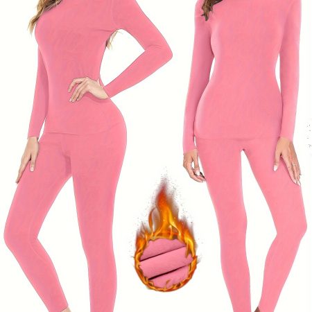 2 Pcs Women's Solid Slim Fit Thermal Underwear Set For Fall & Winter, Long Sleeve Round Neck Base Top & Pants