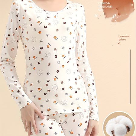 Women's Allover Fruit Print Thermal Underwear Set For Fall & Winter, Long Sleeve Round Neck Top & Pants