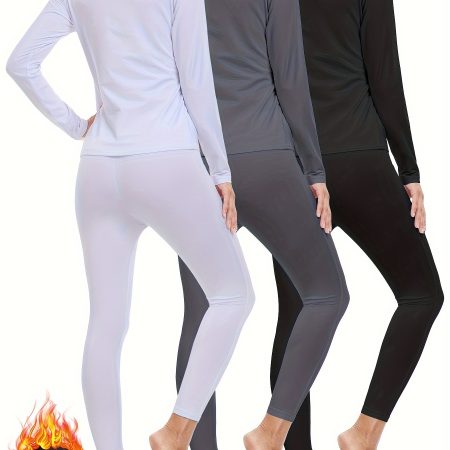 3-Pack Thermal Underwear Set For Women, Warm Soft And Comfortable, Fleece-lined, Sleek And Stretchy Long Sleeve Scoop Neck Top And Leggings, Great For Layering In Cold Weather