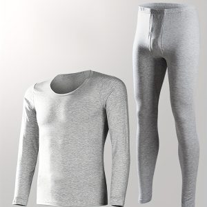 Men's Thermal Underwear Set - Long Sleeve Crew Neck Top & Pants, Stretchy Comfort Fit for Fall/Winter