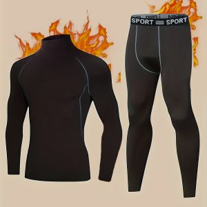 Men's Turtleneck Thermal Underwear Set, Sports Skiing Hunting Winter Warm Fitness Yoga Leggings, Long Sleeve Top And Bottom Pants Set