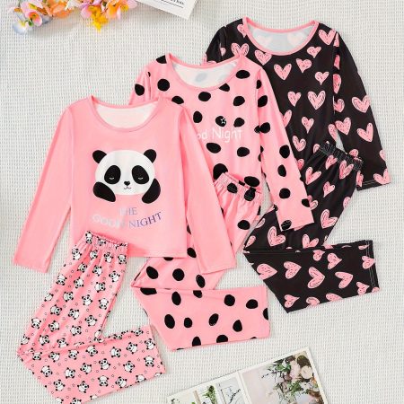 3 Sets Girl's Casual Thermal Underwear Set, Cute Panda/ Heart/ Polka Dots Print Round Neck Long Sleeve & Trousers Set, Comfy & Skin-friendly Set, As Daily Gift