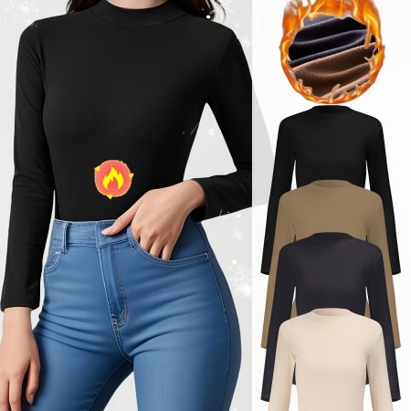 4pcs Autumn And Winter Style Women's Comfortable Long Sleeve Frayed Half Turtleneck Bottoming Top, Neckline Exquisite Lock Edge Not Neck Soft Stretchy Round Neck Thermal Underwear, Bottoming Thickened Basic Solid Color Long Underwear