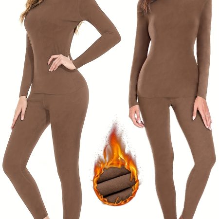 Women's Solid Slim Fit Thermal Underwear Set For Fall & Winter, Long Sleeve Round Neck Base Top & Pants