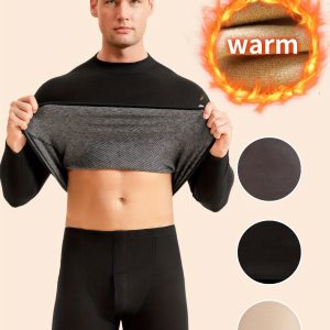 Men's Thermal Underwear Set, Long Sleeve Turtleneck, Warm Fleece-Like, Stretchy Polyester Blend, Solid Color, Tight Fit, for Home, Sports, Cycling, All Seasons