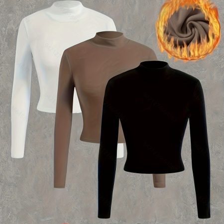 3 pcs 3-Piece Women's Plush Lined Thermal Long Sleeve Mock Neck Top for Fall & Winter