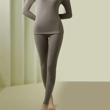 Women's Thermal Underwear Set, Plush Lined, Solid Color, Long Sleeve Top And Long Pants, Thermal Wear For Fall And Winter