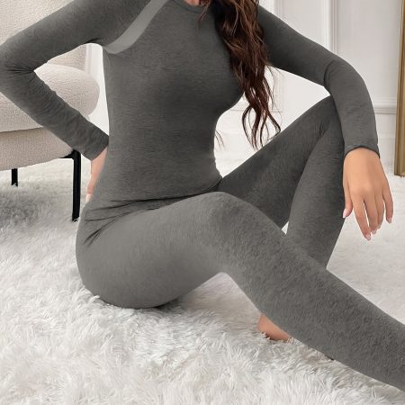 Women's Colorblock Slim Fit Thermal Underwear Set For Fall & Winter, Long Sleeve Round Neck Base Top & Pants