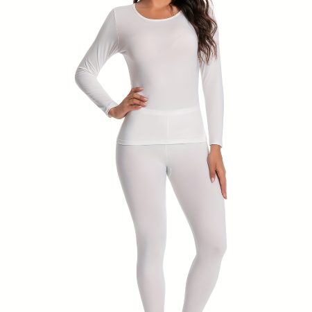 Seamless Solid Thermal Underwear Set For Fall & Winter, Long Sleeve Crew Neck Tops & Pants, Women's Loungewear & Underwear